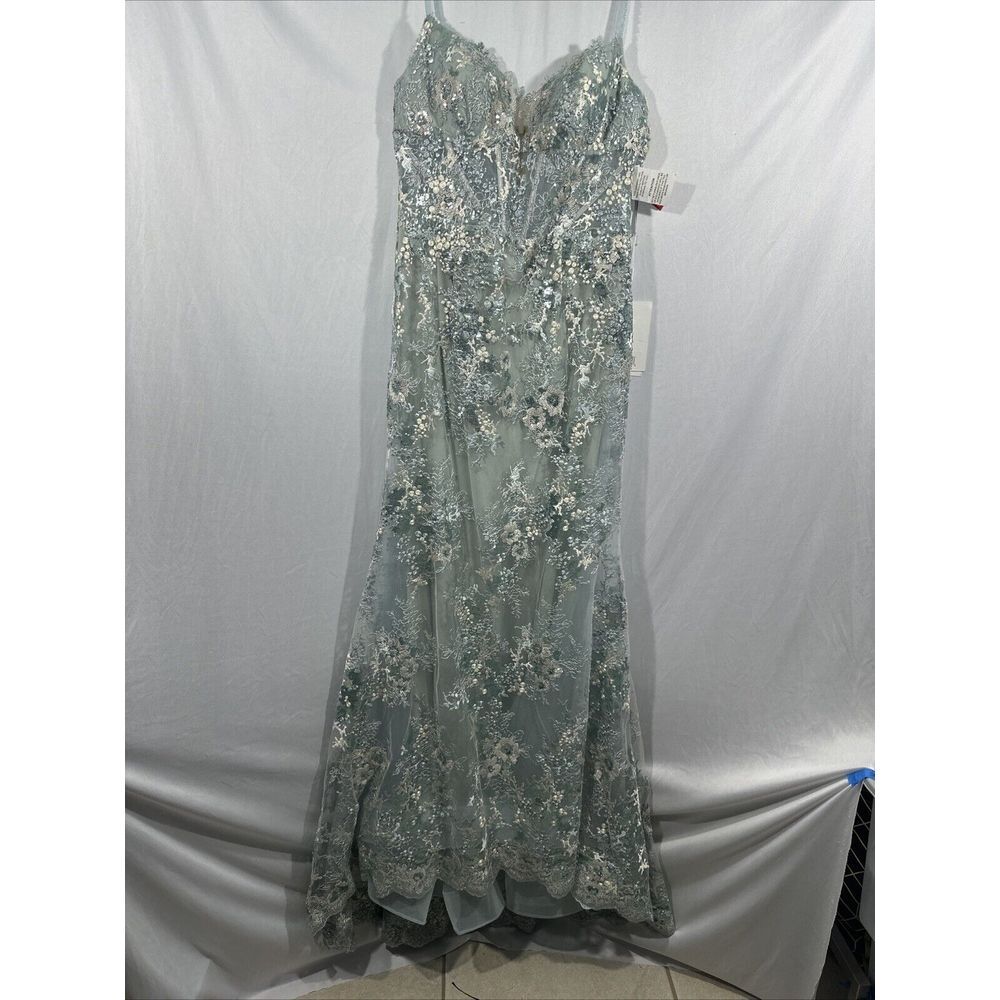 NWT $798 Mac Duggal [ 10 ] 79297 Embroidered‎ Spaghetti Strap Trumpet Gown Blue - Picture 10 of 16